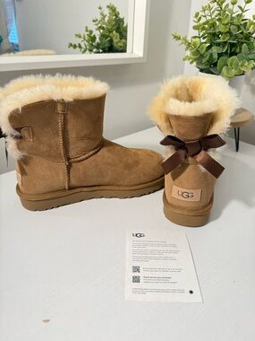 UGG Chestnut Suede Shearling Short Boots with Bow Accent